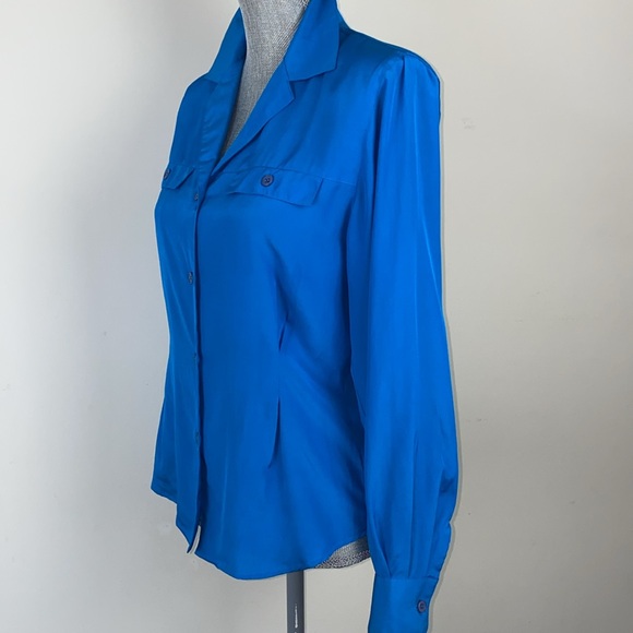 Vintage Christian Dior Pleated Detail Silky Button Down Blouse Blue Size Small 4 - Picture 5 of 14